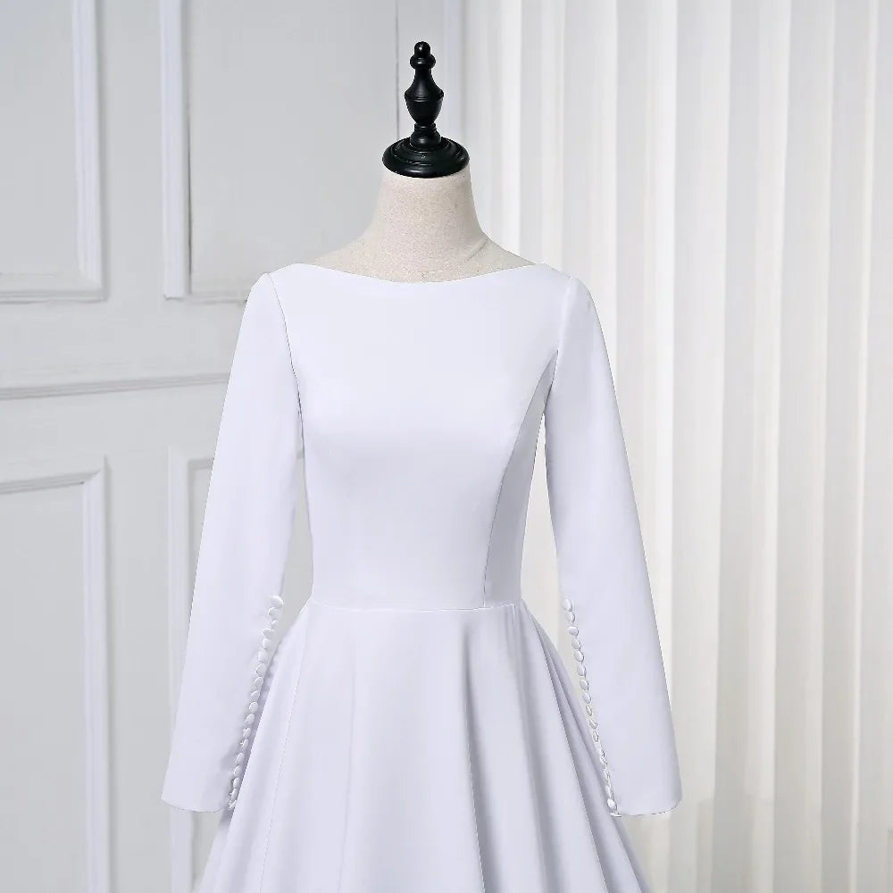 Customized Soft Satin Muslim Wedding Dress Long sleeve A Line Simple Bridal Gown robe de mariage 2025 Vestido De Noiva