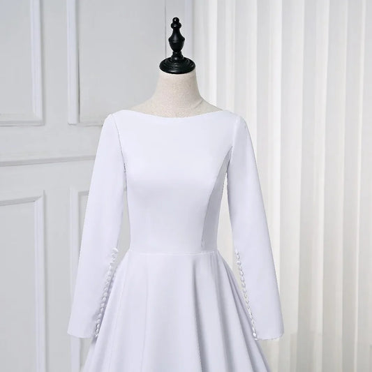 Customized Soft Satin Muslim Wedding Dress Long sleeve A Line Simple Bridal Gown robe de mariage 2025 Vestido De Noiva