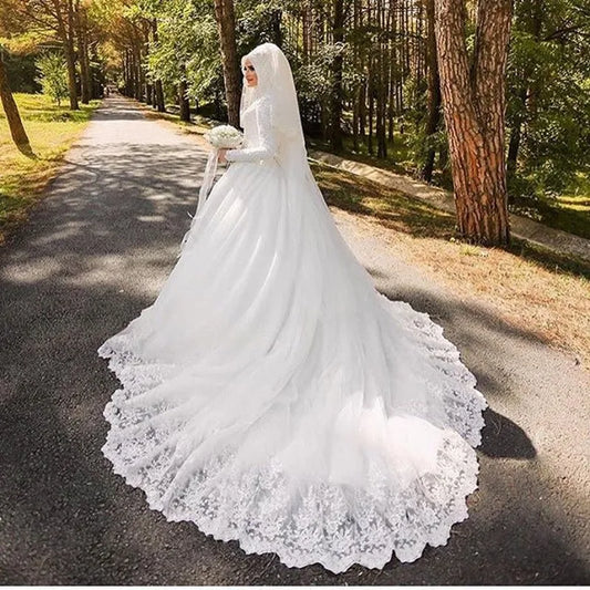 Muslim Wedding Dresses Long Sleeve Vestido De Noiva Robe De Mariage Luxury Long Trail Lace Bridal Dress Wedding Gown customized