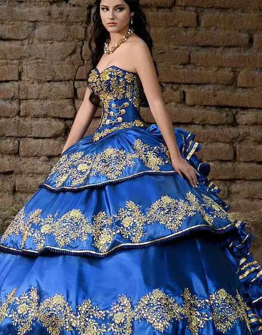 Blue Quinceanera Dresses Charro Ruffles Fluffy Vestidos De 15 Quinceañera Appliques Lace Debutante Birthday Party Customized