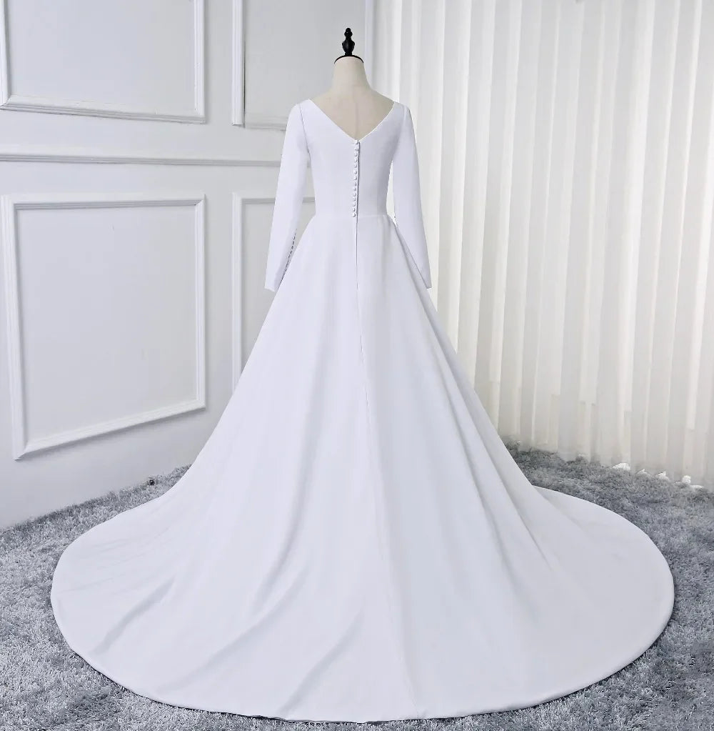 Customized Soft Satin Muslim Wedding Dress Long sleeve A Line Simple Bridal Gown robe de mariage 2025 Vestido De Noiva