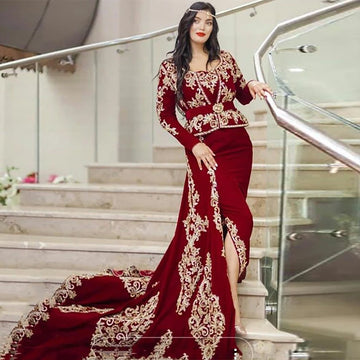Mermaid Karakou Algerian Velvet Evening Dress Long Sleeves Appliques Lace Party Gowns Removbale Court Train Prom Dress