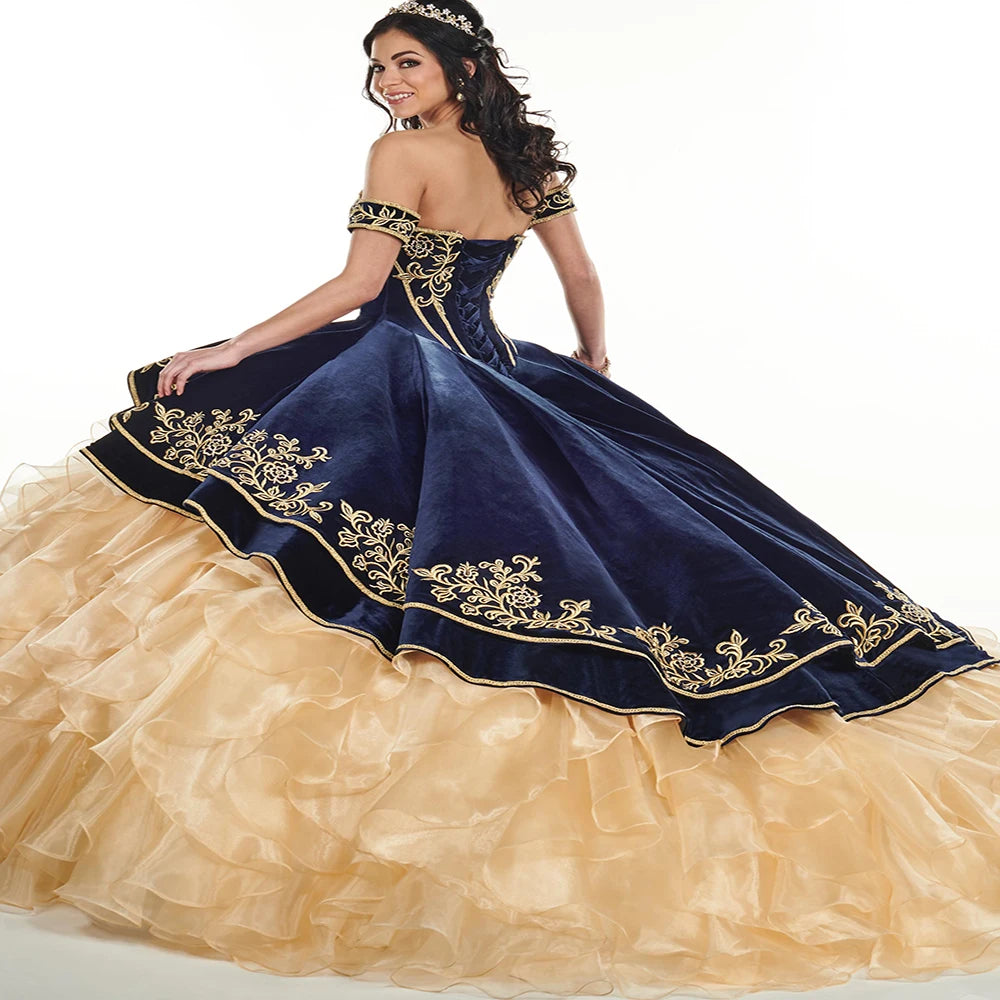 Mexican Burgundy And Gold Quinceanera Dresses Charro Vintage Off The Shoulder Organza Ruffles Vestio De 15 Xv Anos Customized