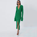 Autumn Bodycon Dress Sweater Knitted Green Women Sexy Midi Split V Neck Long Sleeve Casual Dresses Party Vestidos green