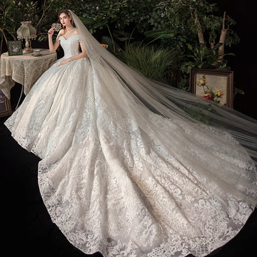 Wedding Dress Vestido De Noiva Elegant Boat Neck Wedding Gown With Train Princess Luxury Lace Robe De Mariee