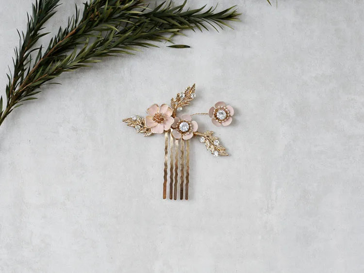 Gold Color Hair Combs Clip Flower Leaf Hairpins For Brides Head Pieces Rhinestones Headdress Bridal Jewelry Wedding Accessories