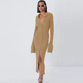Autumn Bodycon Dress Sweater Knitted Green Women Sexy Midi Split V Neck Long Sleeve Casual Dresses Party Vestidos Khaki