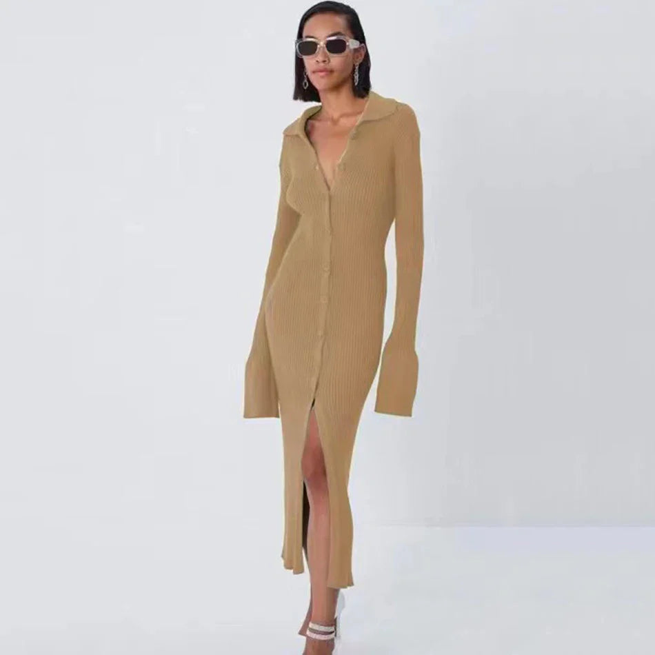 Autumn Bodycon Dress Sweater Knitted Green Women Sexy Midi Split V Neck Long Sleeve Casual Dresses Party Vestidos Khaki