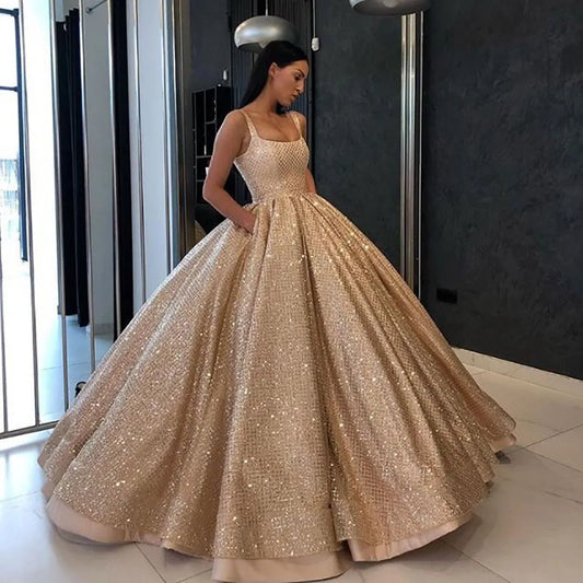 Spark Bling Gold Sequin Quinceanera Dresses Ball Gown Vestidos 15 Años Quinceañera Floor Length Square Xv Birthday Customized