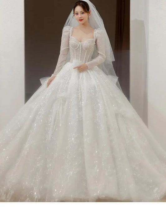 Classic Full Sleeve Wedding Dress Shining Sequins Pearl Ball Gown Plus Size Custom Made Luxury Bridal Dresses Robe De Mariee