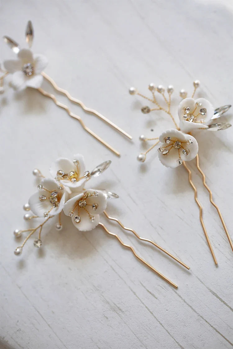 Wedding Accessories Rhinestones Crystal Head Pieces Porcelain Flower Hair Pins Clips Hairpins Brides Headdress Bridal Jewelry