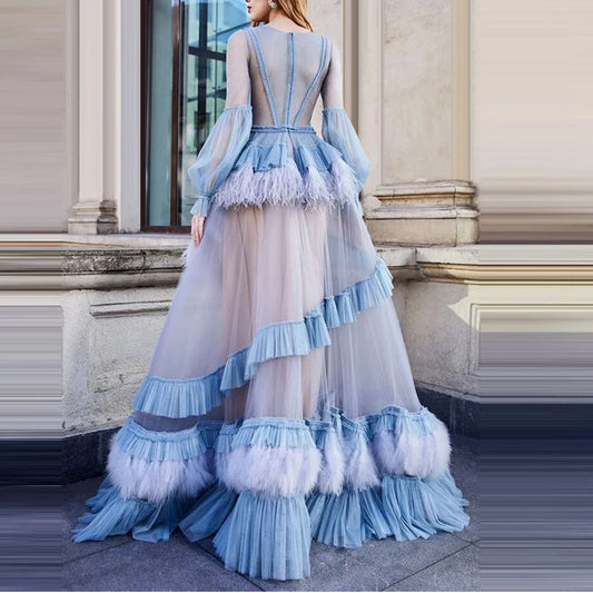 Princess A Line Tiered Feathers Evening Dresses Long Sleeves Transparent Tulle Prom Gowns Modest Women Party Dress