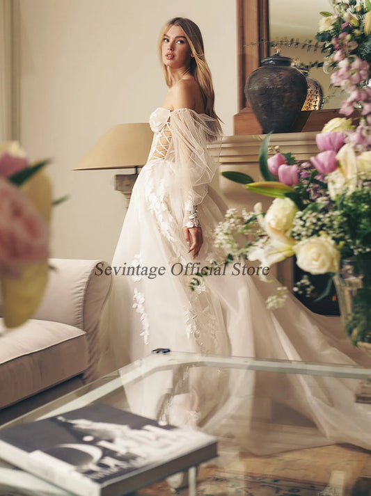 Bohemia Wedding Dresses Sweetheart 3D Flower Appliques Lace A-Line Bridal Gowns Beach Puff Sleeves Boho Wedding Dress