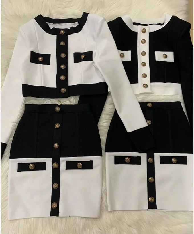 2021 High Street Summer Patchwork 2 Two-Piece Set O-Neck Long Sleeve Pocket Button Mini Bandage Dress Female Short Set