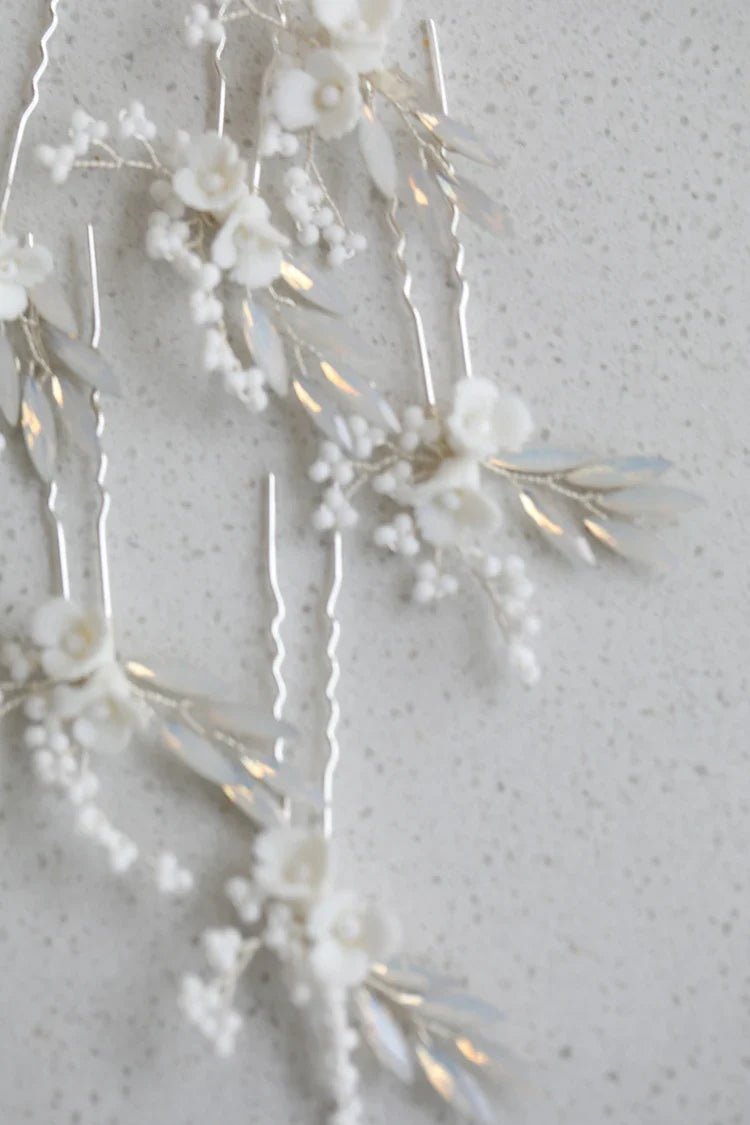 Porcelain Flower Hair Pins Clips Opal Head Pieces Gold Silver Color Hairpins For Brides Women Bridal Jewelry Wedding Accessories
