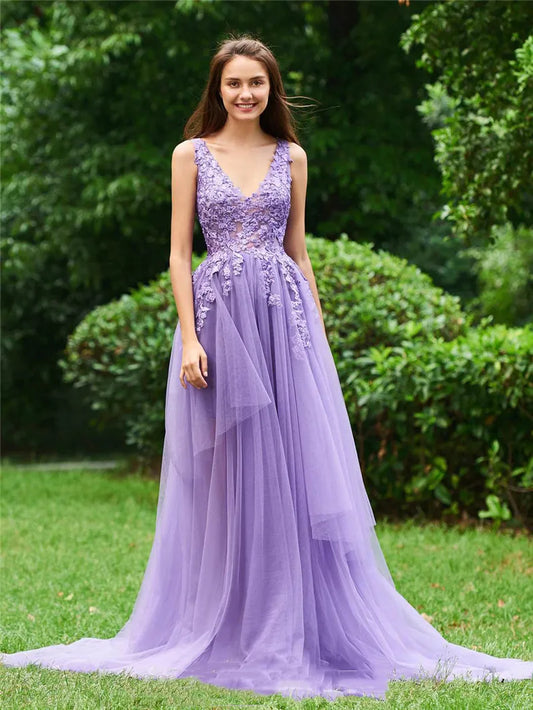 bestidos de gala A Line Lilac Lace Appliqued Evening Dress V Neck Special Occasion Formal Party Long Prom Gowns As Picture