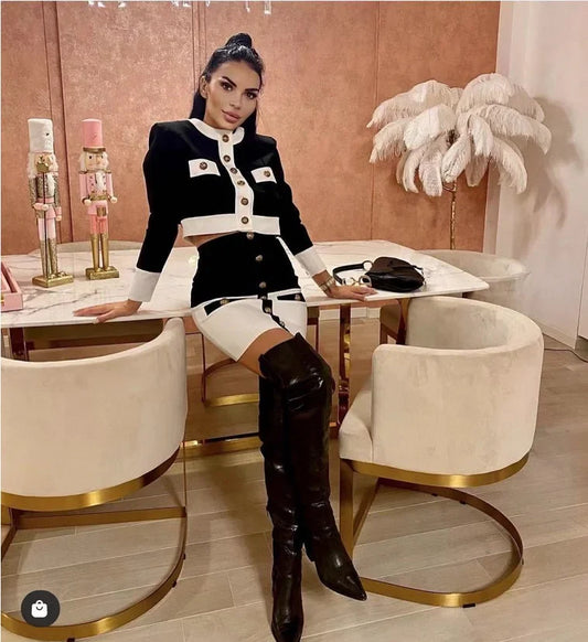 2021 High Street Summer Patchwork 2 Two-Piece Set O-Neck Long Sleeve Pocket Button Mini Bandage Dress Female Short Set