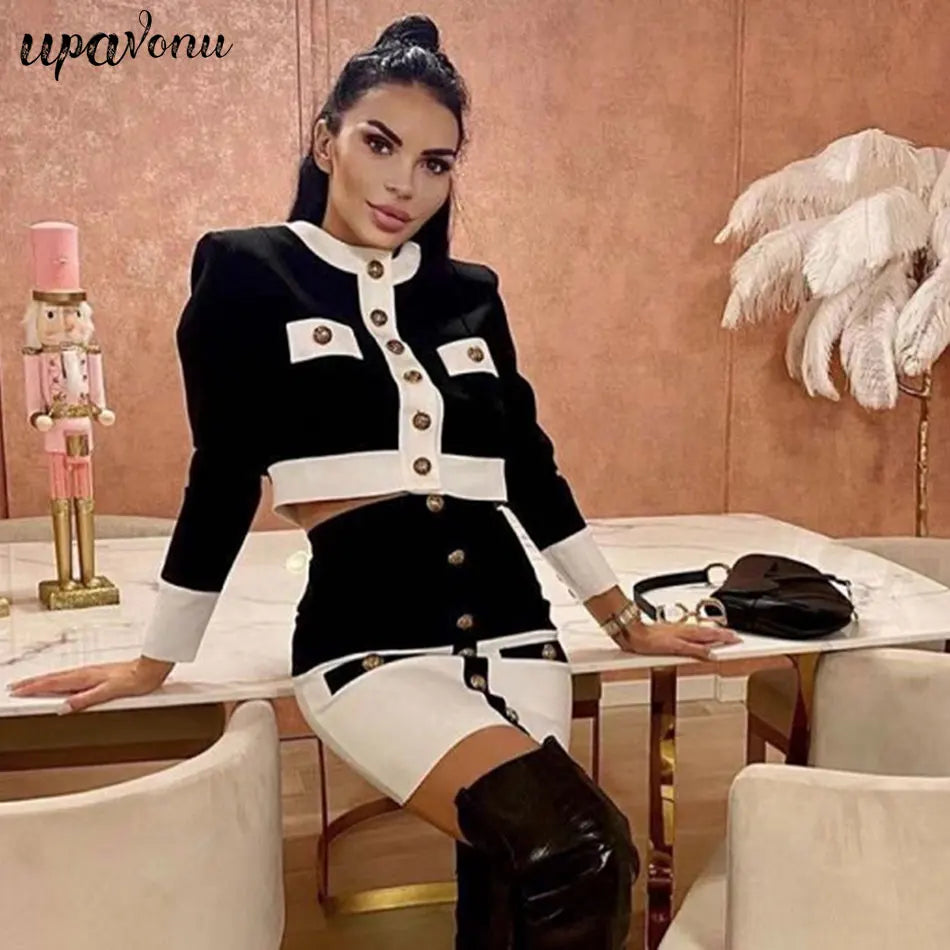 2024 Patchwork Black White O Neck Long Sleeves With Pockets Buttons Two Pieces Bandage Skirt Women Set