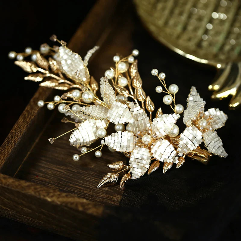 Vintage Gold Color Headpieces Headwear Crystal Pearls Headbands Hairbands Bride Hair Pin Clip Bridal Jewelry Wedding Accessories b