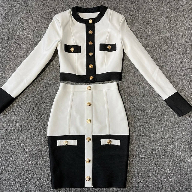 2024 Patchwork Black White O Neck Long Sleeves With Pockets Buttons Two Pieces Bandage Skirt Women Set WHITE