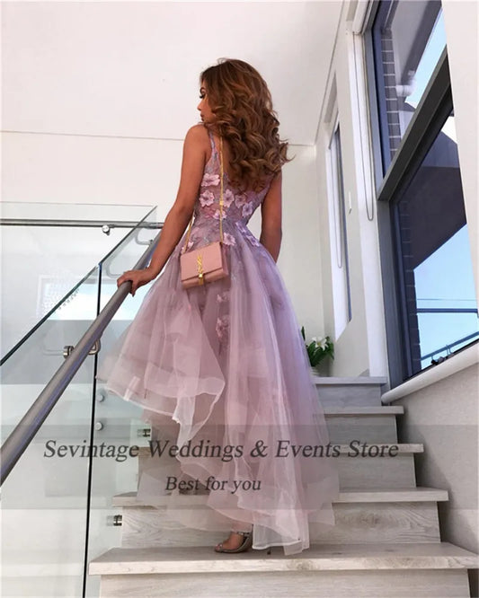 Lavender 3D Flower Cocktail Dresses High Low V Neck Lace Applique Vestidos De Gala Tulle Homecoming Gowns Abendkleider