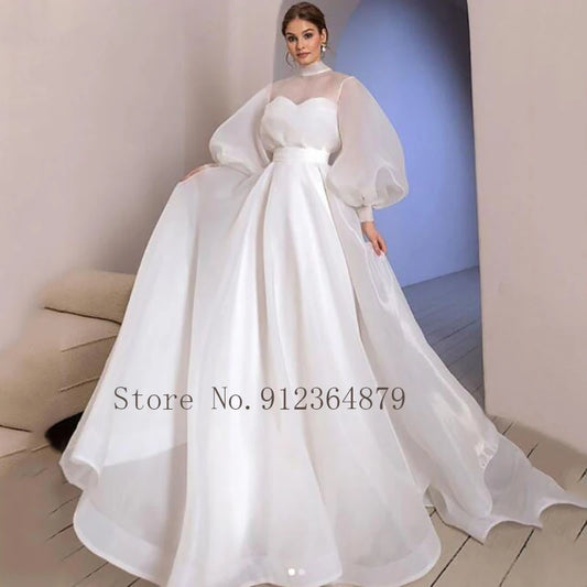 Elegant Halter Neck Organza Wedding Dresses Puff Sleeve Bride Gown Simple And Clean Vestido De Novia