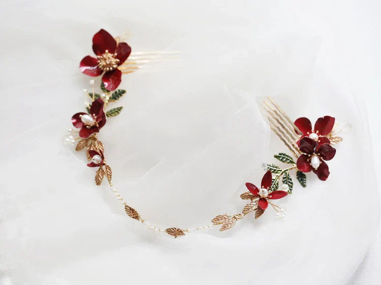 Red Flower Headpieces Headbands Leaf Headdress For Brides Party Dinner Dress Hairbands Wedding Accessories Bridal Hair Jewelry