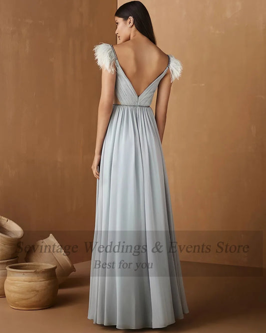 Silver Chiffon Long Prom Dresses Beaded Crystal Pleats Evening Party Gowns Slit Feathers Women's Formal Prom Gown