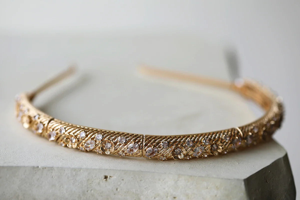 Vintage Gold Color Headpieces Crown Zirconia Headbands Hairbands For Bride Flower Tiaras Bridal Hair Jewelry Wedding Accessories