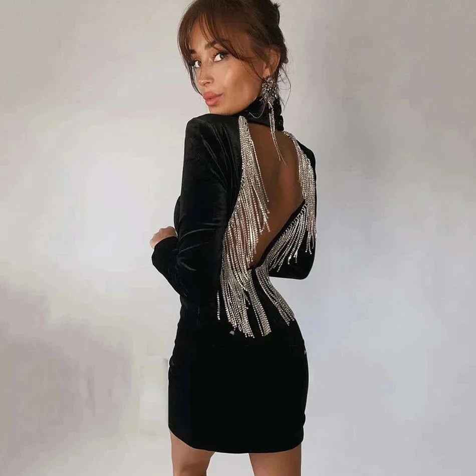 2024 Black Green Sexy Fashion Backless Diamonds Tassel Rayon Velvet Dress Evening Party Dresses Vestidos black