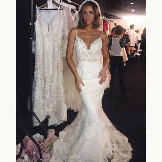 Sexy White Mermaid Wedding Dresses Lace Open Back Spaghetti Straps Appliqued Bridal Gowns Elegant Vintage Vestidos De Novia - Camilla's