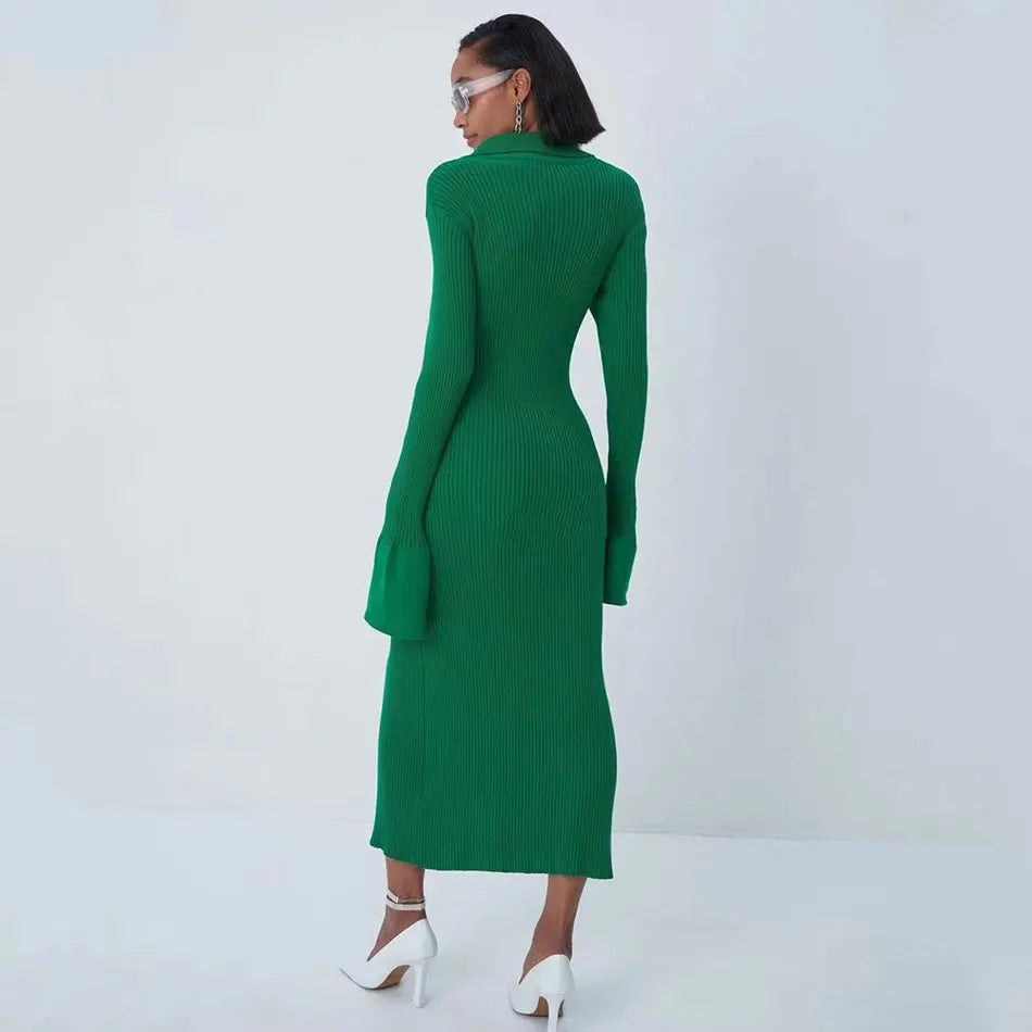 Autumn Bodycon Dress Sweater Knitted Green Women Sexy Midi Split V Neck Long Sleeve Casual Dresses Party Vestidos