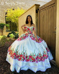 Vintage White Black Quinceanera Dresses Charro Mexcian Girls Floral Applique Tiered Off Shoulder Birthday Sixteen Customized