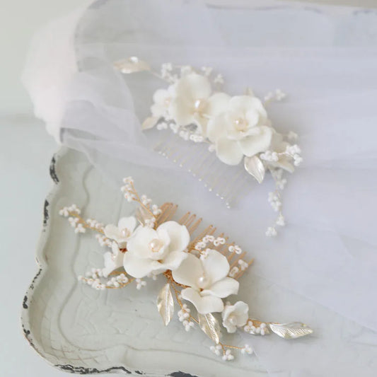 Porcelain Flower Leaf Hair Combs Clips Pearls Beaded Hairpins For Brides Women Headpieces Bridal Jewelry Wedding Accessories