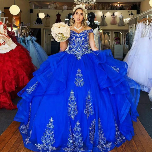 Gorgeous Quinceanera Dresses Royal Blue Appliques Lace Off Shoulders Vestidos De 15 Años Xv Ruffles Tulle Birthday Customized Blue