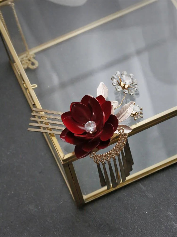 Bridal Jewelry Red Flower Hair Combs Pins Clips Crystal Rhinestones Hairpins Head pieces Brides Headdress Wedding Accessories c