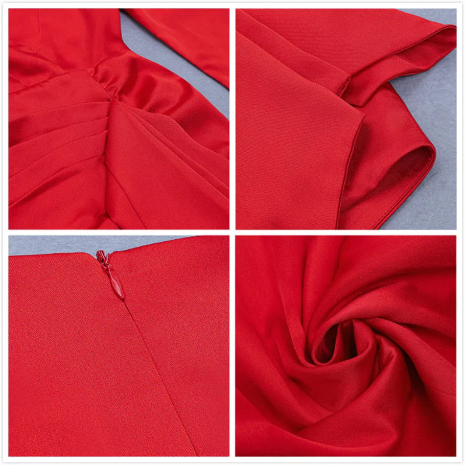 Sexy Red Satin Dress Women's Deep V Neck Puff Sleeve Bodycon Draped Dress Club Night Party Mini Vestidos