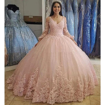 Long Sleeves Tulle Ball Gown with Appliques Floor-Length Princess Quinceanera Dress Pink