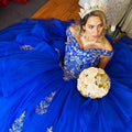 Gorgeous Quinceanera Dresses Royal Blue Appliques Lace Off Shoulders Vestidos De 15 Años Xv Ruffles Tulle Birthday Customized