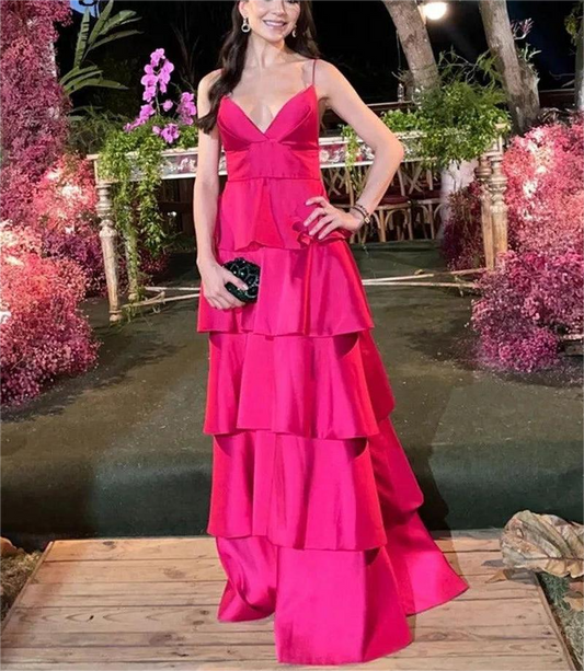 Hot Pink Tiered Skirt Evening Dresses Long Straps Satin Women Prom Party Gowns Open Back Special Occasion Dress