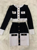 2021 High Street Summer Patchwork 2 Two-Piece Set O-Neck Long Sleeve Pocket Button Mini Bandage Dress Female Short Set black