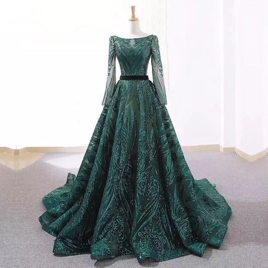 customized Dubai A-Line Green Evening Dress Muslim Women Vintage Long Sleeves Robe De Soiree Sequins Sparkle Prom Party Gowns black Custom size