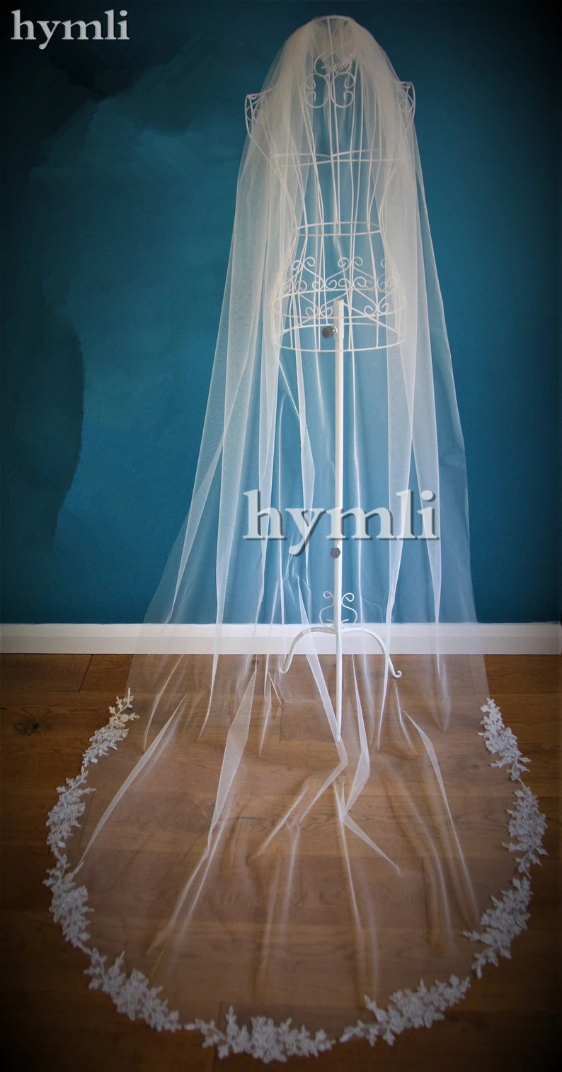 One Layer Lace Applique Wedding Accessories Chapel Veil In White, Off White, Ivory Metal Comb on The Top Ivory