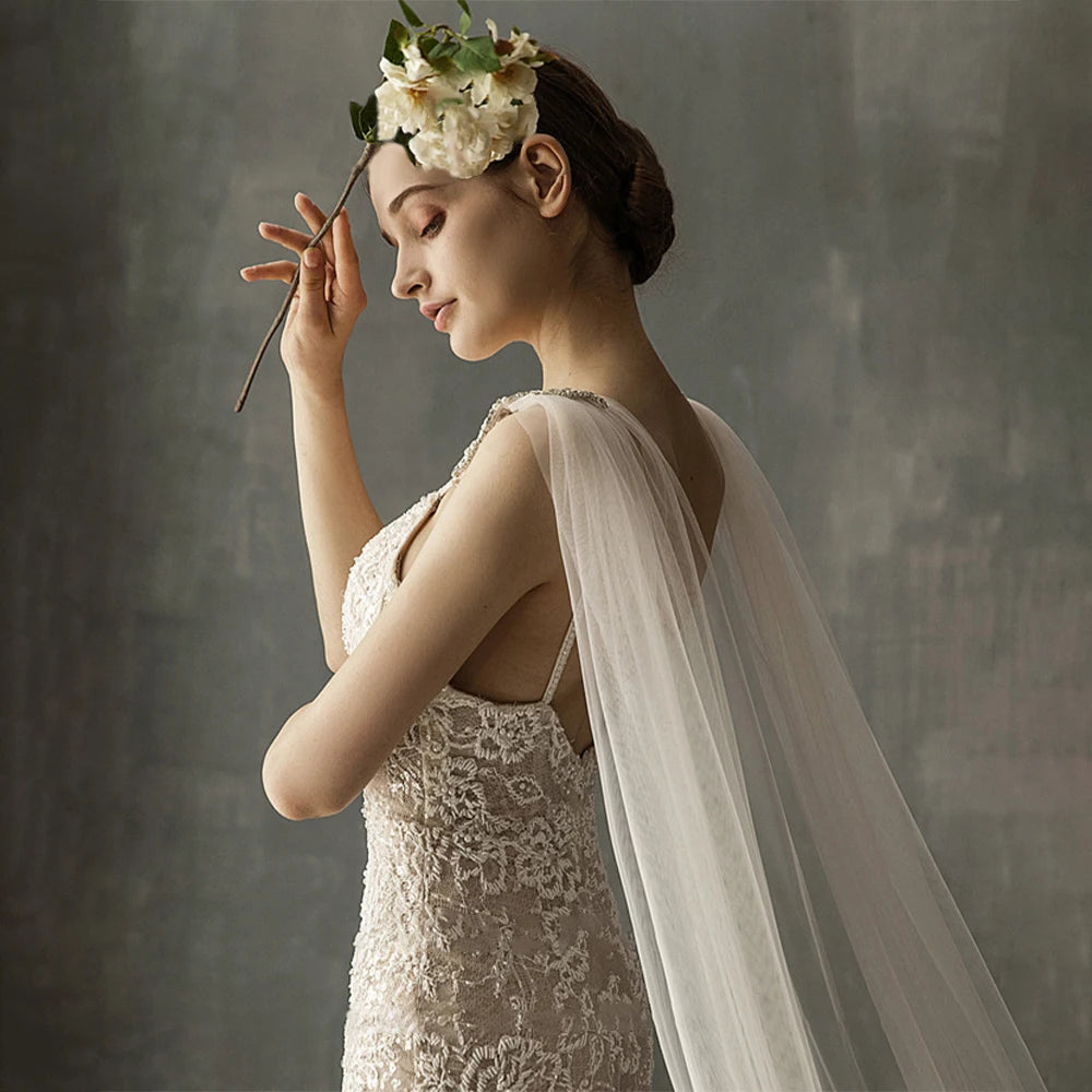 Soft Bridal Cape Veil with Diamond Appliques on Shoulder Wedding Cloak Elegant Bridal Accessory