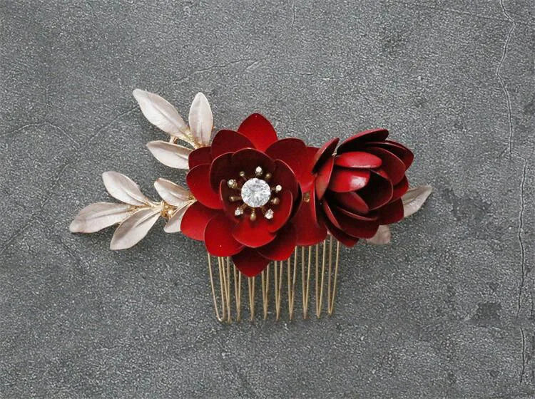 Bridal Jewelry Red Flower Hair Combs Pins Clips Crystal Rhinestones Hairpins Head pieces Brides Headdress Wedding Accessories d