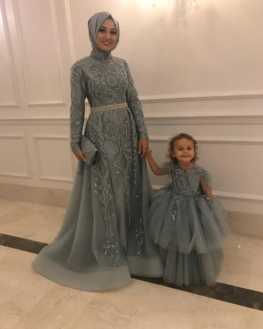 Customized Saudi Arabia Muslim Lace Beaded Evening Dresses kaftan Long Sleeves Formal Party Prom Gown Elegant Robe De Soiree Navy Blue（ AE existing skus）
