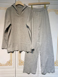 2024 Casual Autumn Loose Knit Sweater Set Fashion Zip Lapel Long Sleeve Pullover Sweater & Straight Pants Two-piece Set GRAY