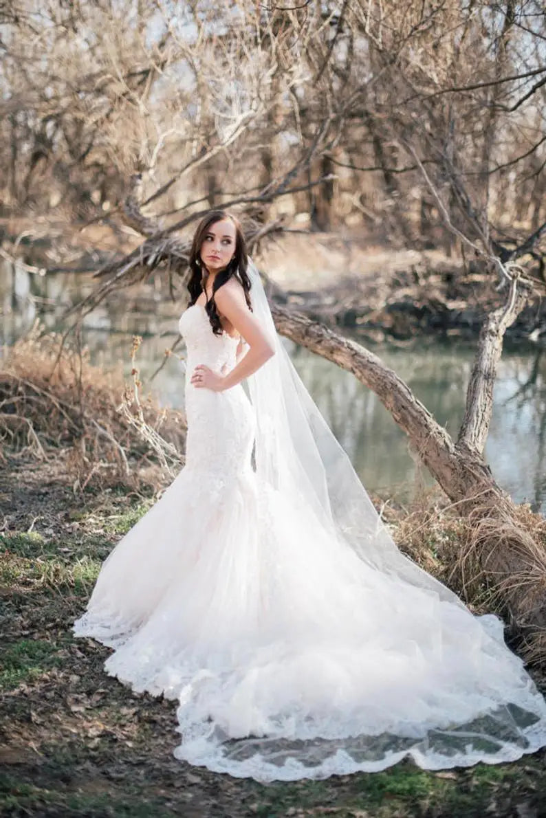 Beautiful Lace Wedding Veil 1 Layer 3M Long Bridal Veil Cathedral Wedding Veil Bridal Accessories in White , Off white , Ivory