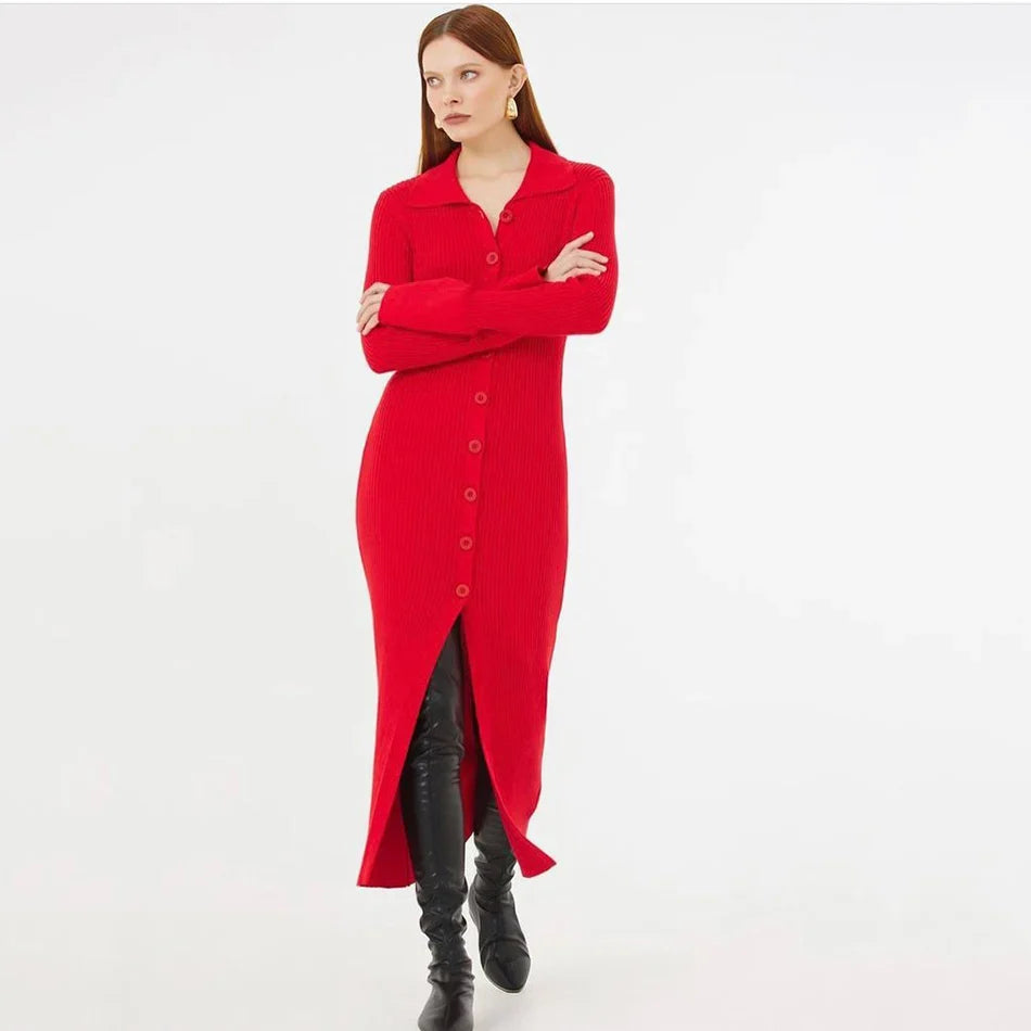 Autumn Bodycon Dress Sweater Knitted Green Women Sexy Midi Split V Neck Long Sleeve Casual Dresses Party Vestidos Red