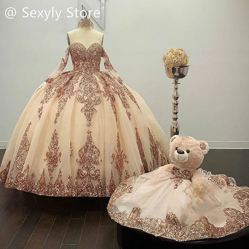 Rose Gold Quinceanera Dress Luxury Sequin Masquerade Prom Birthday Party Gown Ruffles Folklorico Vestidos De 15 Años Customized